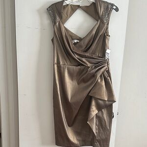 Maggy London Bronze Backless Dress with Studded Shoulders Size 14